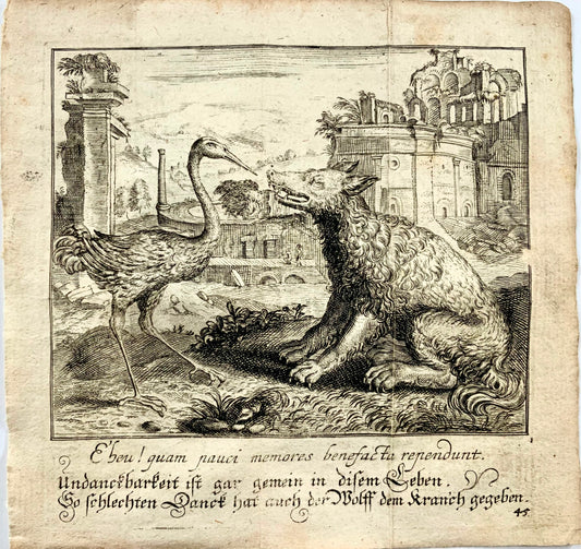 1689 Christoph Schmidts, gravure d'emblème, La Grue et le Loup, Ésope