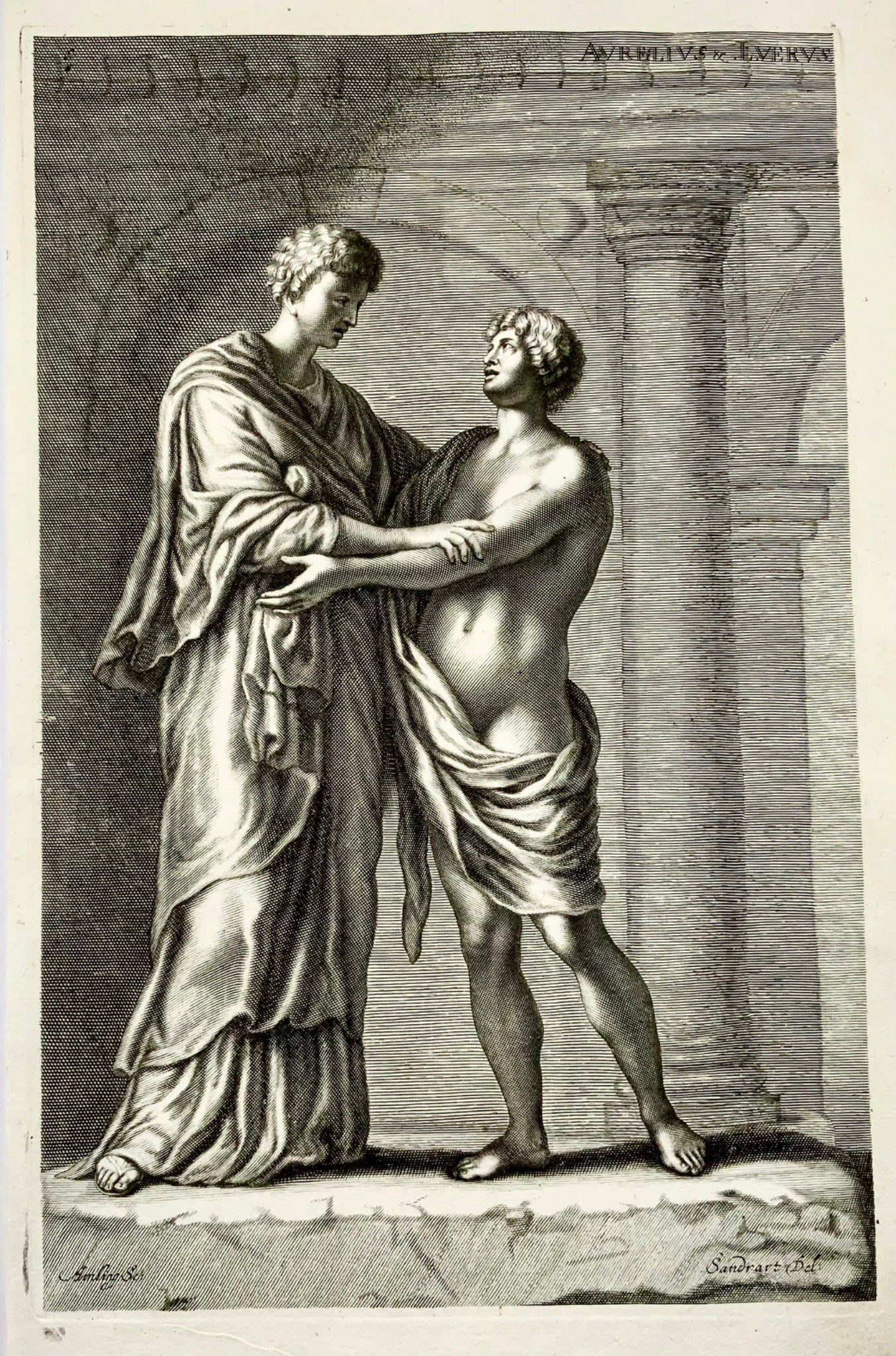 1676 Aurelius & Lucius Verus, J.J. Sandrart del., Amling sc., folio engraving, classical art