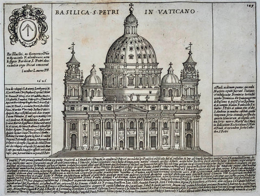 1624 Laurus (Lauro), Basilica St. Peters, Vatican, Rome, hand coloured engraving