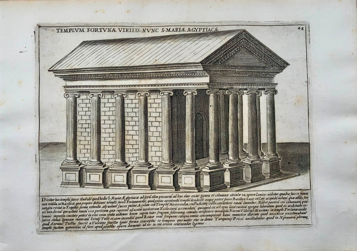 1623 The Temple of Portus, Rome, Italy, engraving by Gia Lauro, antique original