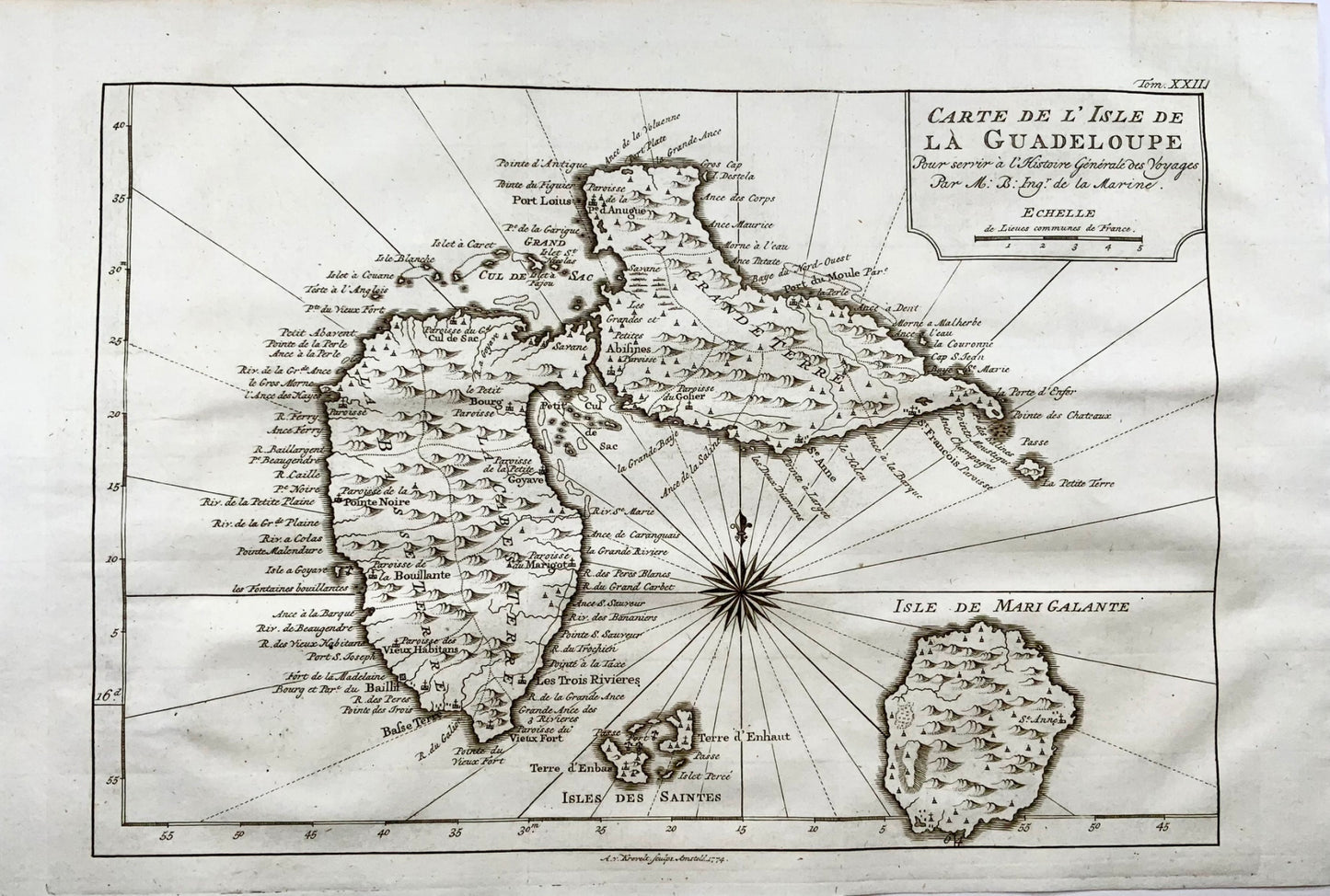 1776 A. Krevelt, Bellin, Carte de la Guadeloupe, Caribbean, map