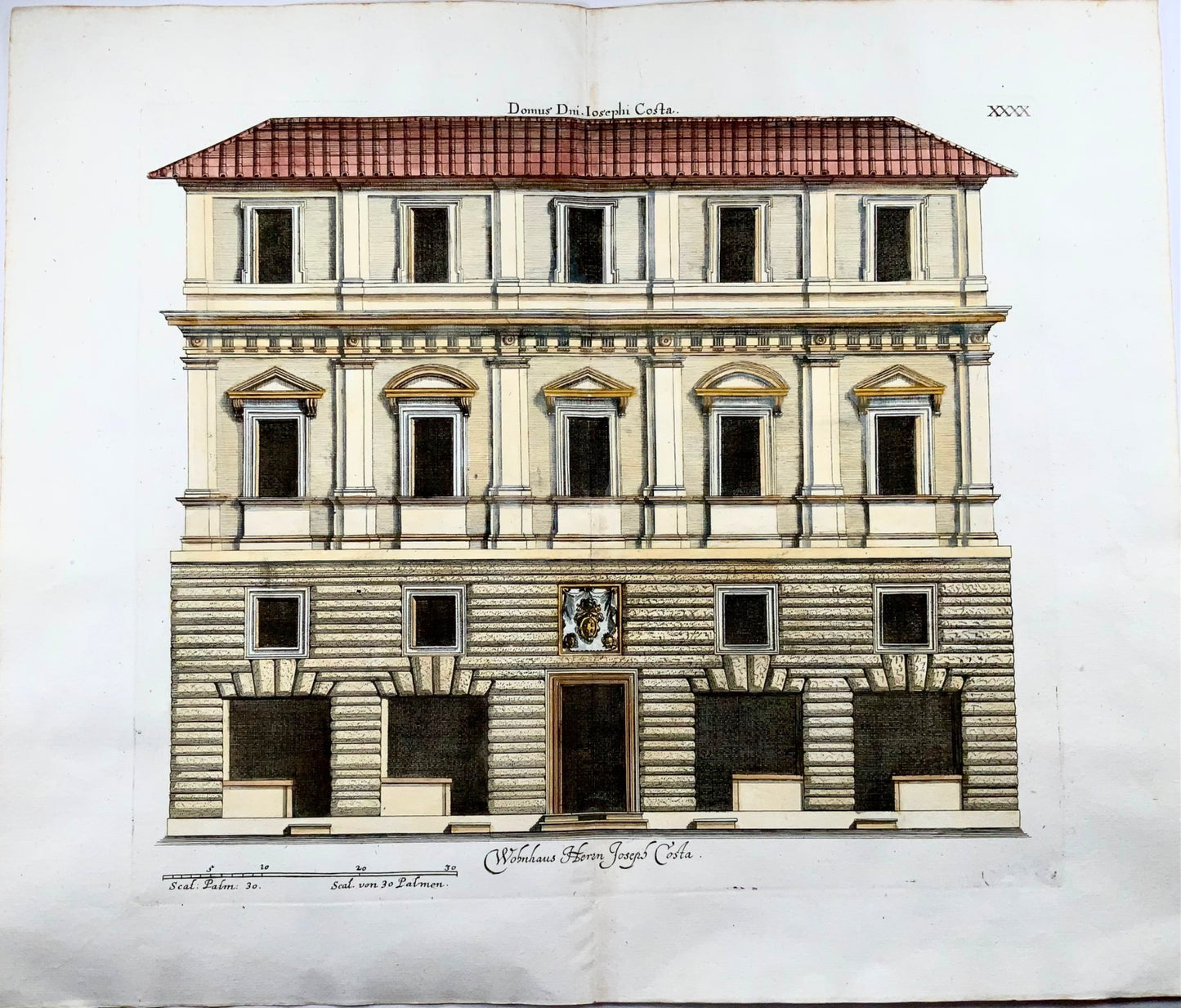 1679 Costa’s House, Rome, Italy, von Sandrart, hand colored double folio