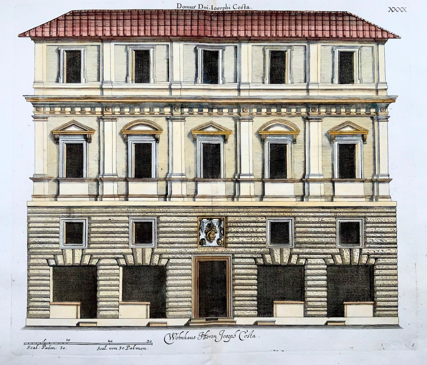 1679 Costa’s House, Rome, Italy, von Sandrart, hand colored double folio