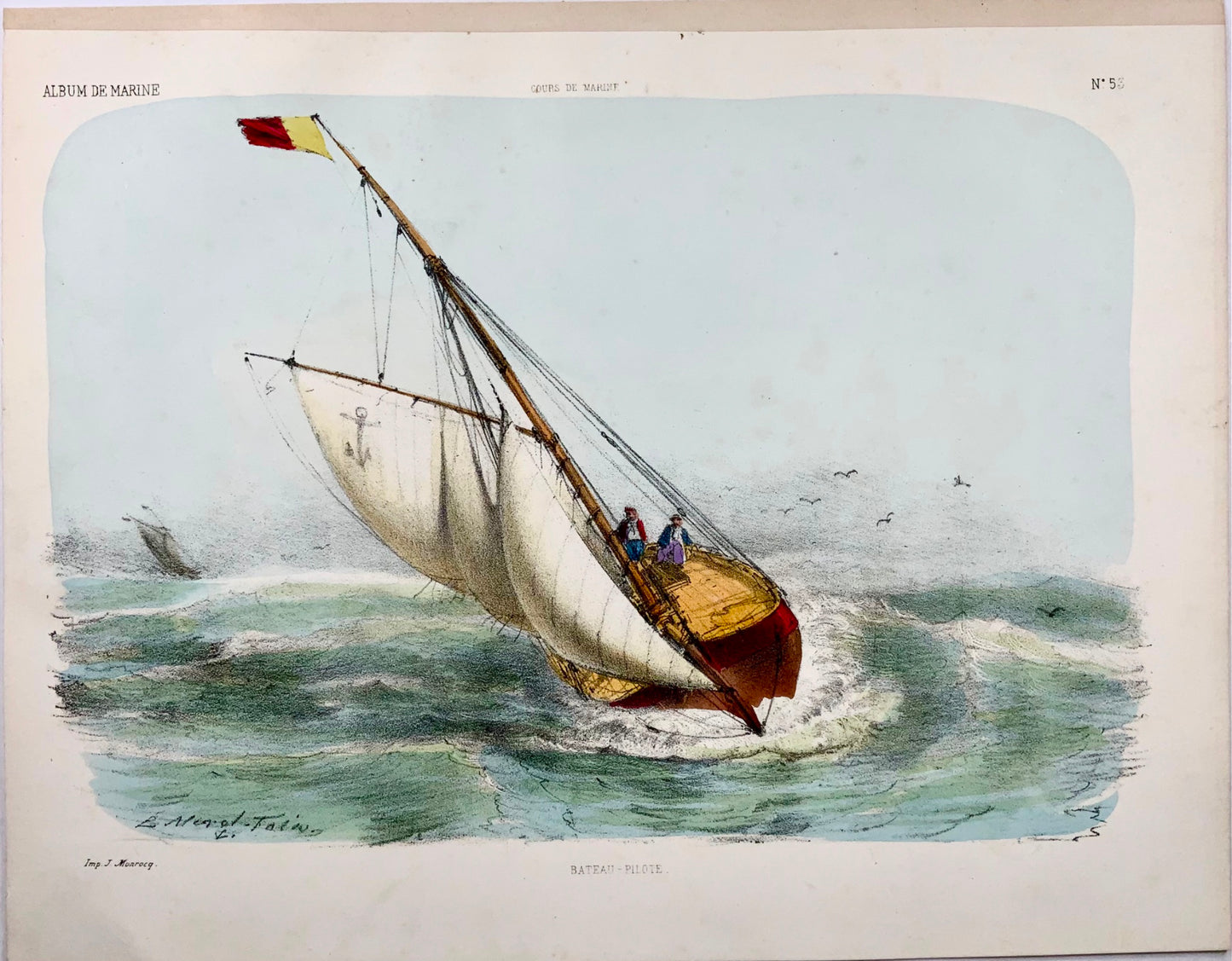 1865 c. Sailing Boat, yacht, folio stone lithograph, hand colour