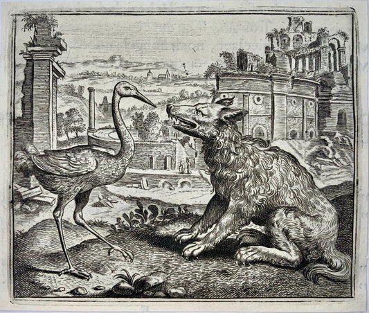 1617 Gheeraerts, Master Engraving, Aesop: The Wolf & the Crane, fable