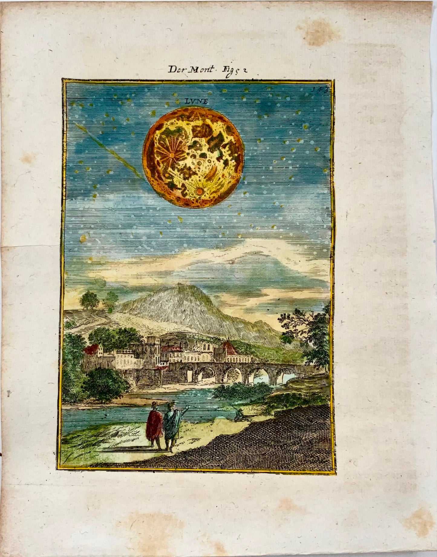 1719 Celestial chart, Map of the Moon, Mallet, hand coloured, astronomy