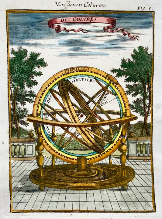 1719 Armillary Sphere, Celestial, Mallet, hand coloured, astronomy, map