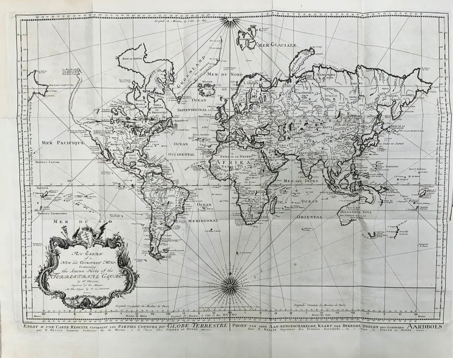 1750 J N Bellin, large antique world map on Mercator’s projection