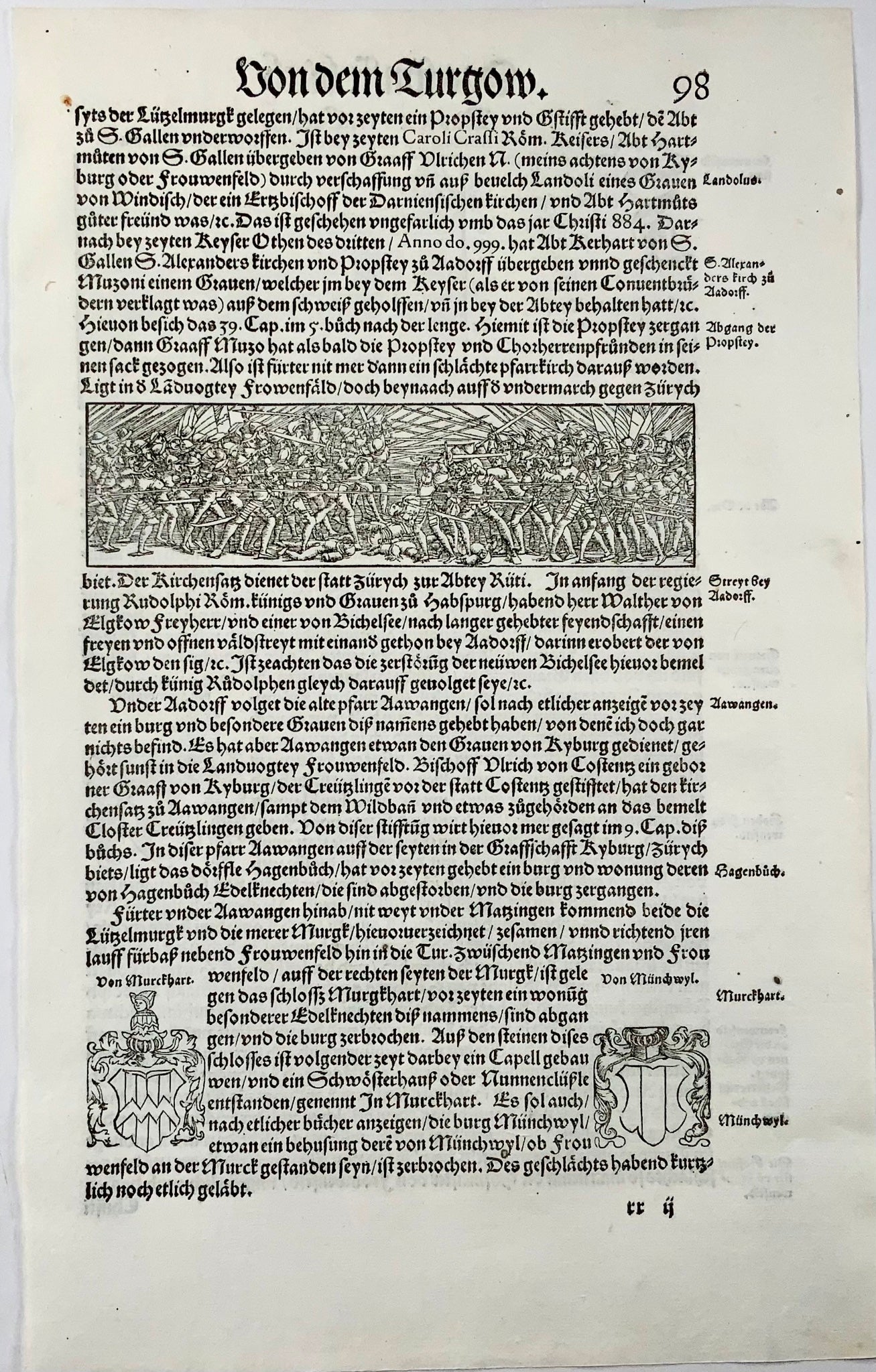 1548 Joh. Stumpf, Frauenfeld & Battle of Aardorf, Switzerland, fine woodcut Leaf