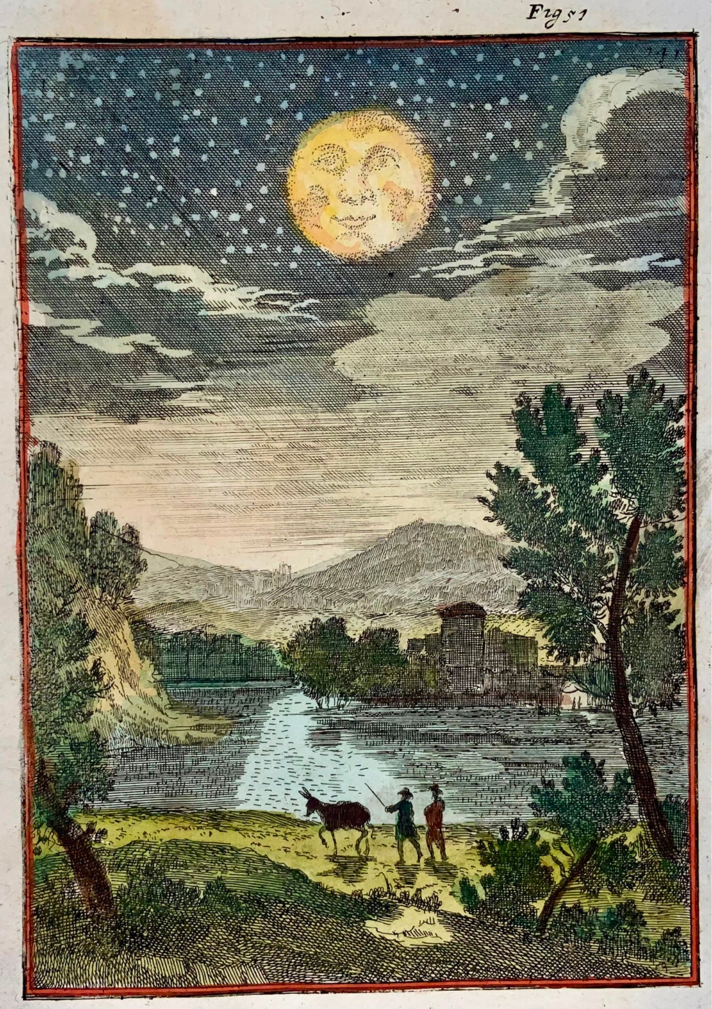 1719 Moon in the Night Sky, celestial, Mallet, hand coloured, astronomy, map