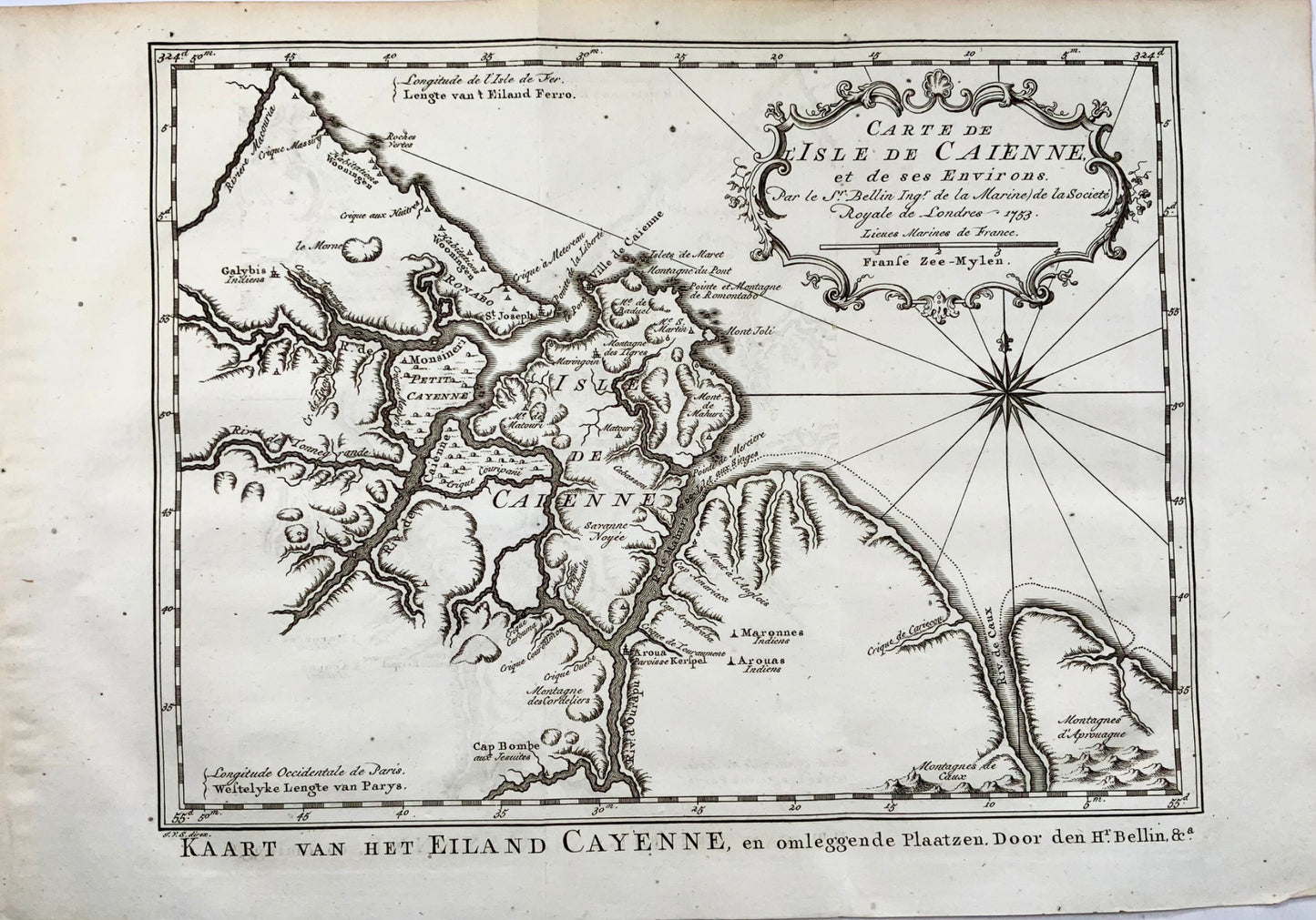 1753 N. Bellin, map of Cayenne Island, French Guyana