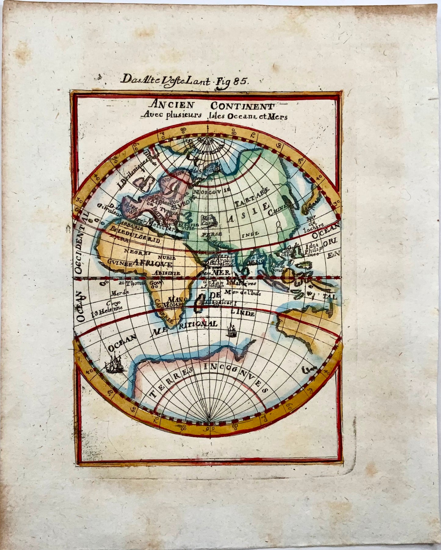 1719 Eastern Hemisphere, Globe, Mallet, hand coloured, map