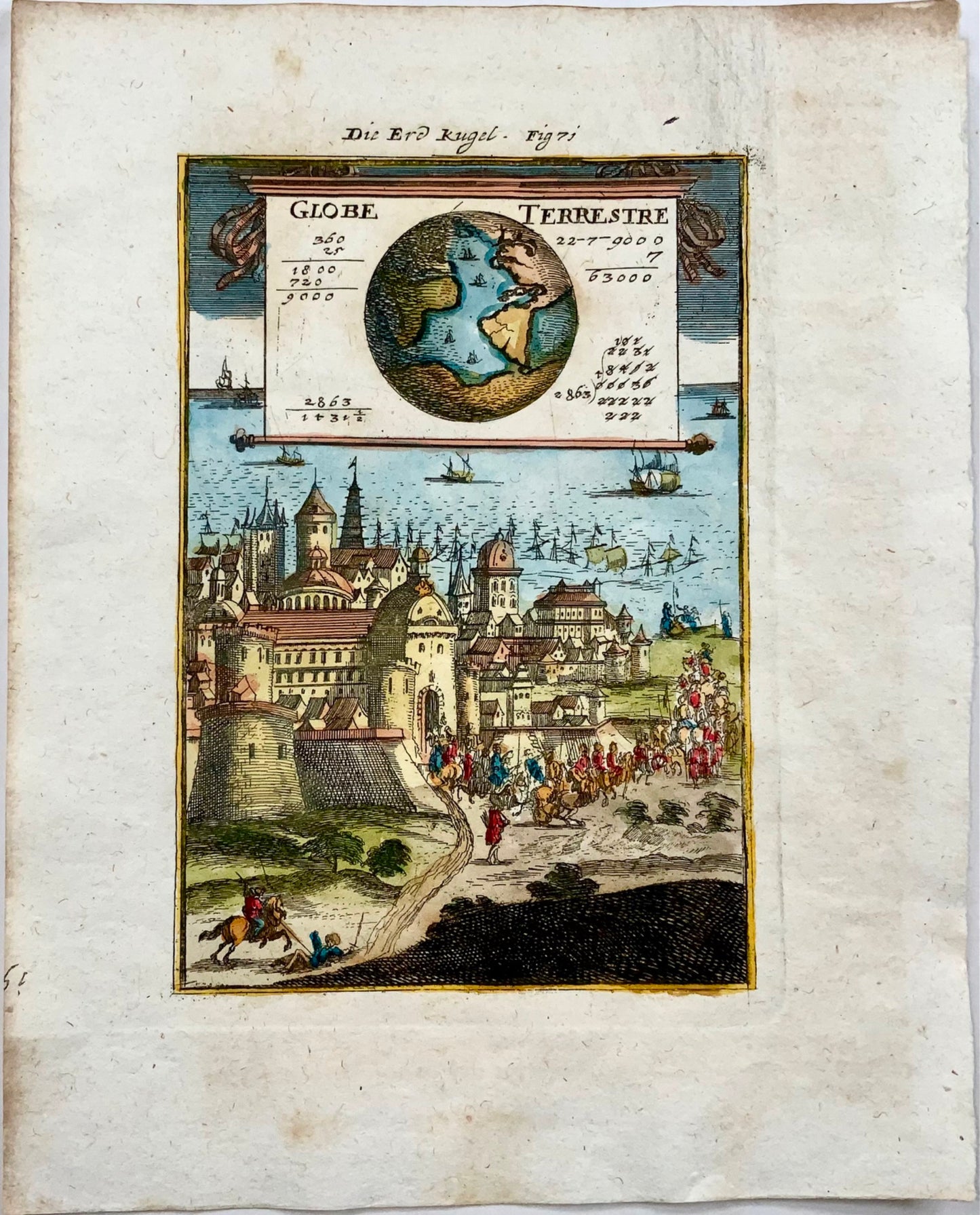 1719 Globe Terrestre, Mallet, hand coloured, battle scene, map