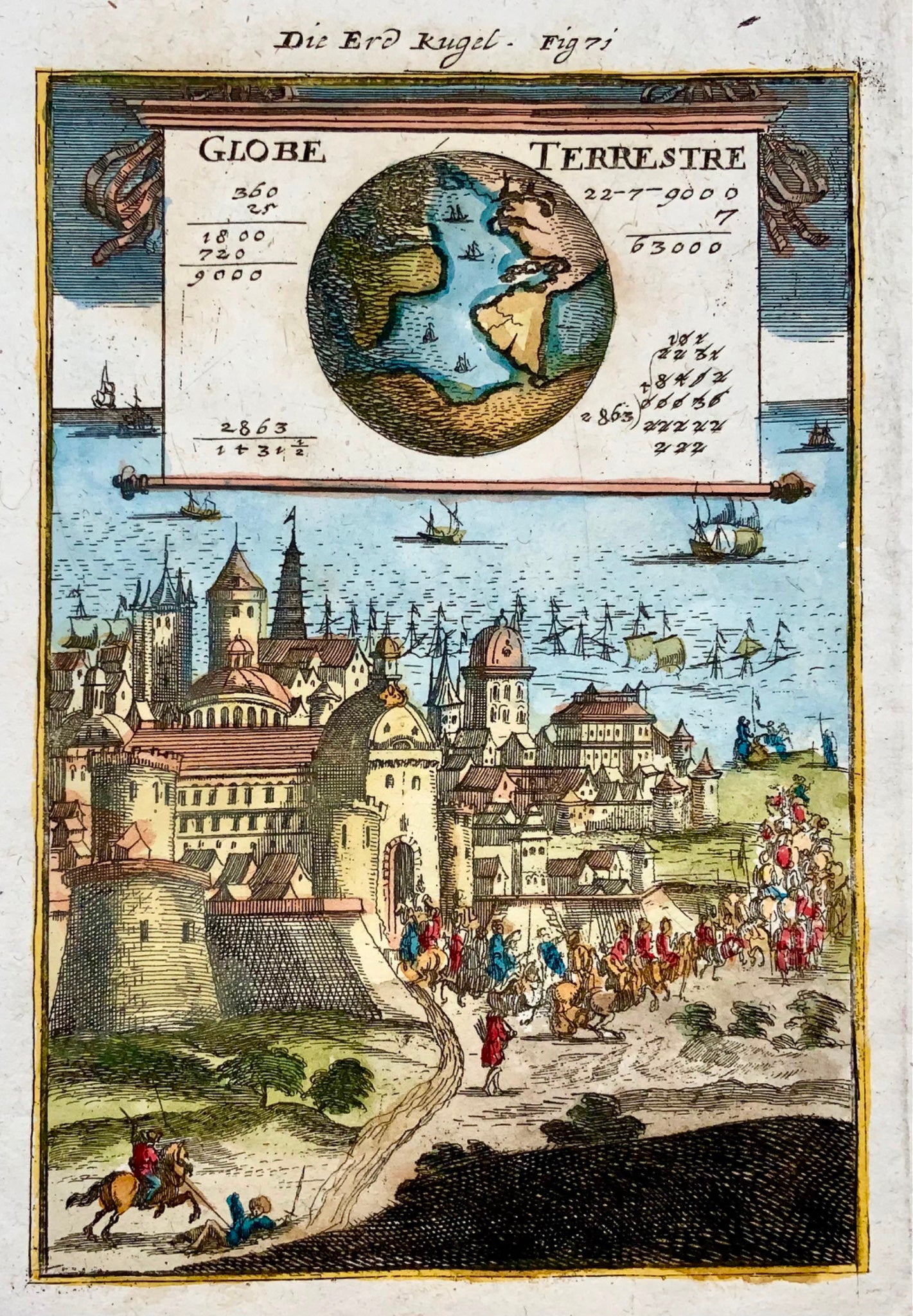 1719 Globe Terrestre, Mallet, hand coloured, battle scene, map