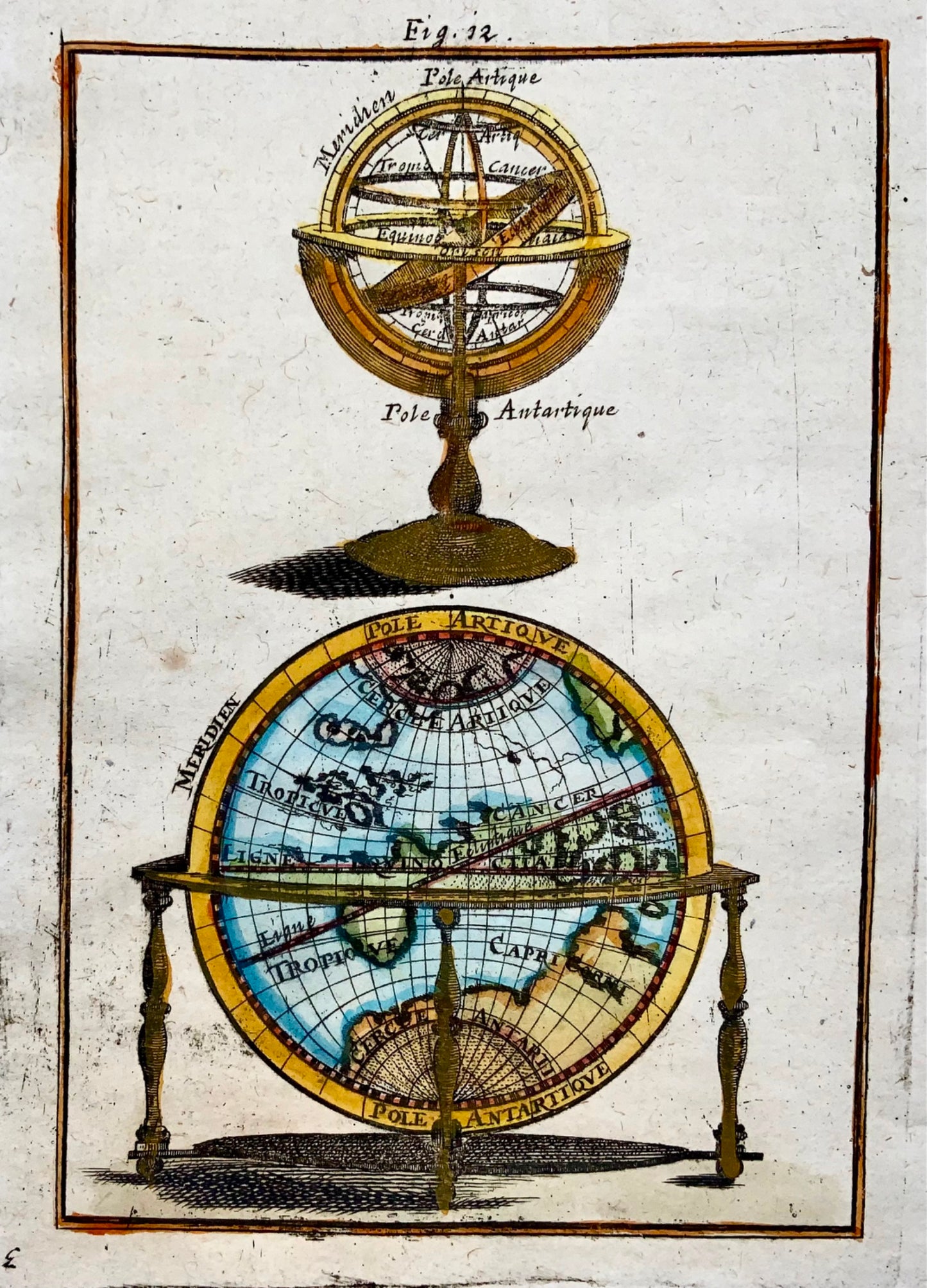 1719 Armillary and World Globes, Mallet, hand coloured, map