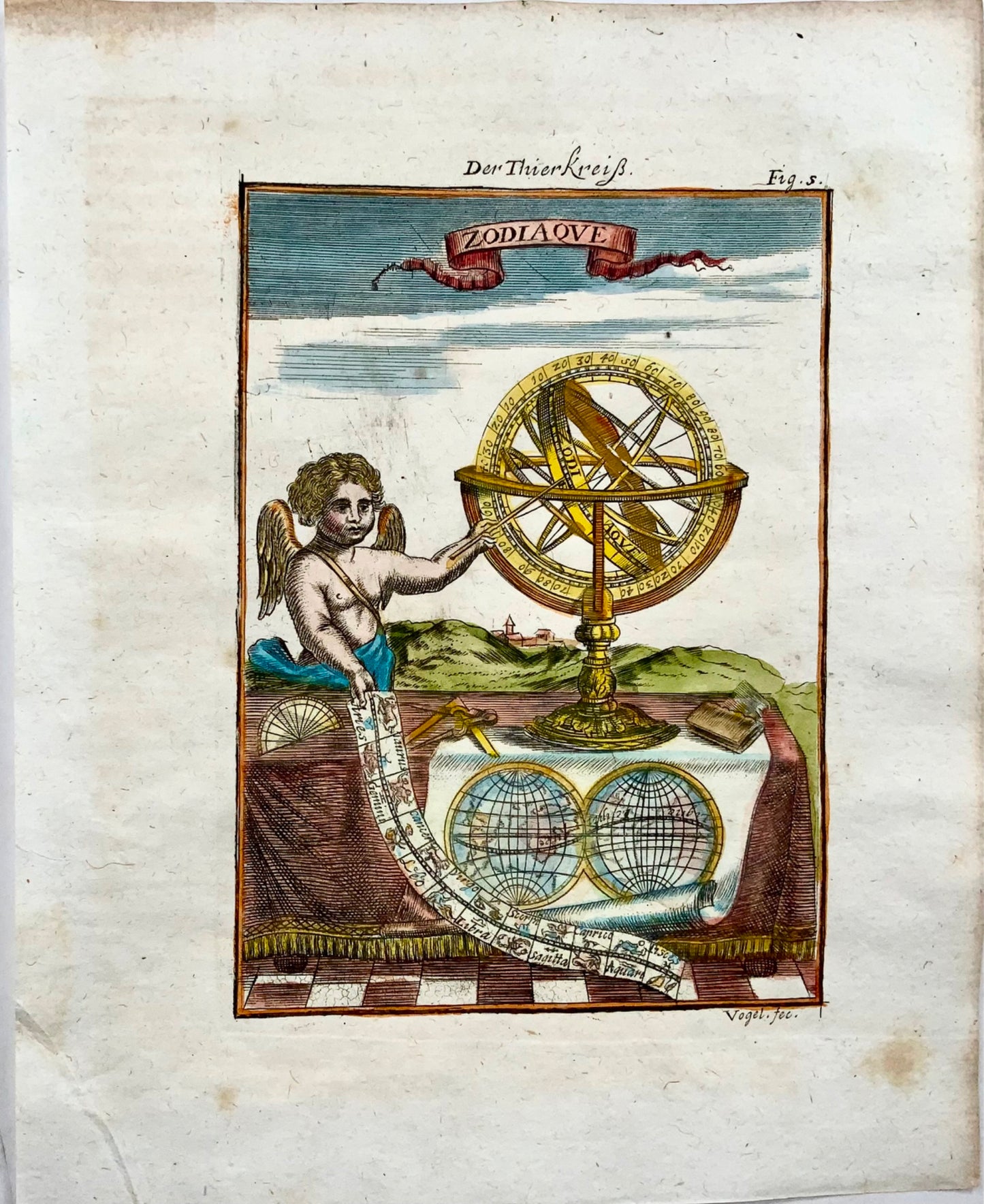 1719 Armillary Sphere, Zodiac, Mallet, hand coloured, celestial, map