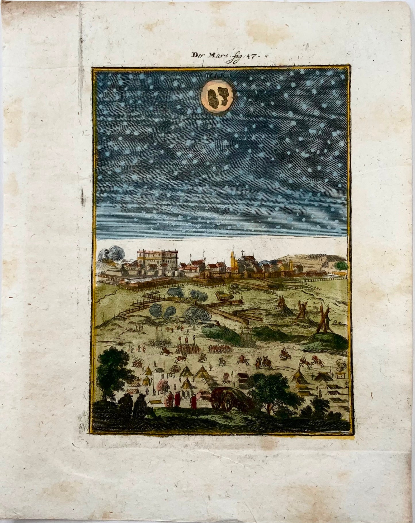 1719 Celestial chart, Planet Mars, Mallet, hand coloured, astronomy, map