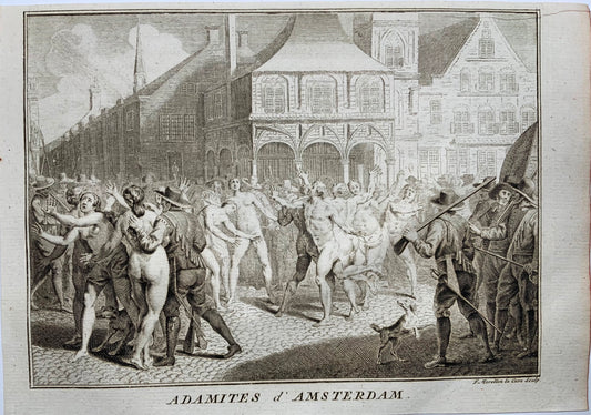 1723 Adamites arrested in Amstadam, Bernard Picart, copper engraving, religious art