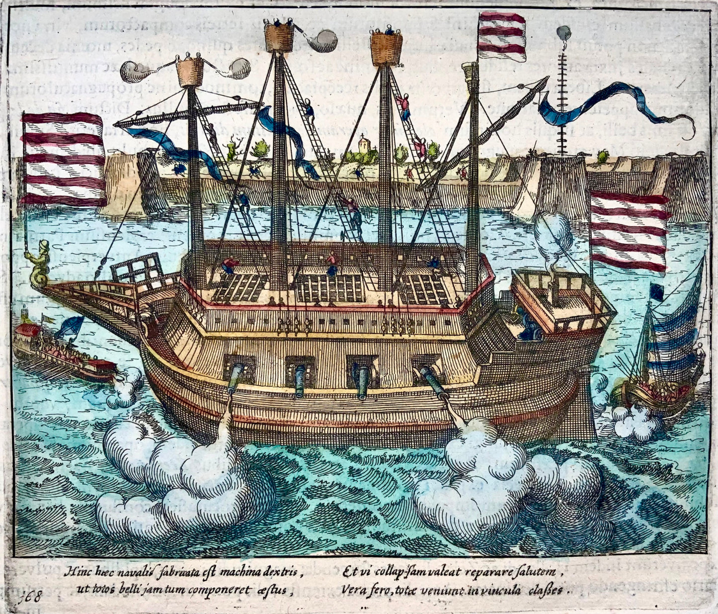 1622 Frans Hogenberg, navire blindé 'Fin de la guerre', fine gravure sur cuivre, histoire militaire