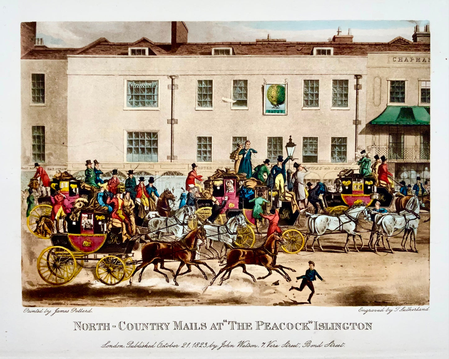 1823 Pollard; Sutherland, Post Carriage at Islingtion, London, aquatint, topography, transportation