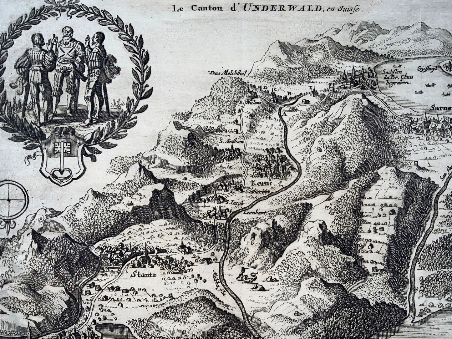 1723 Unterwalden, Carte à vol d'oiseau, Sarnen, Stans, Kerns, Alpnach, Suisse