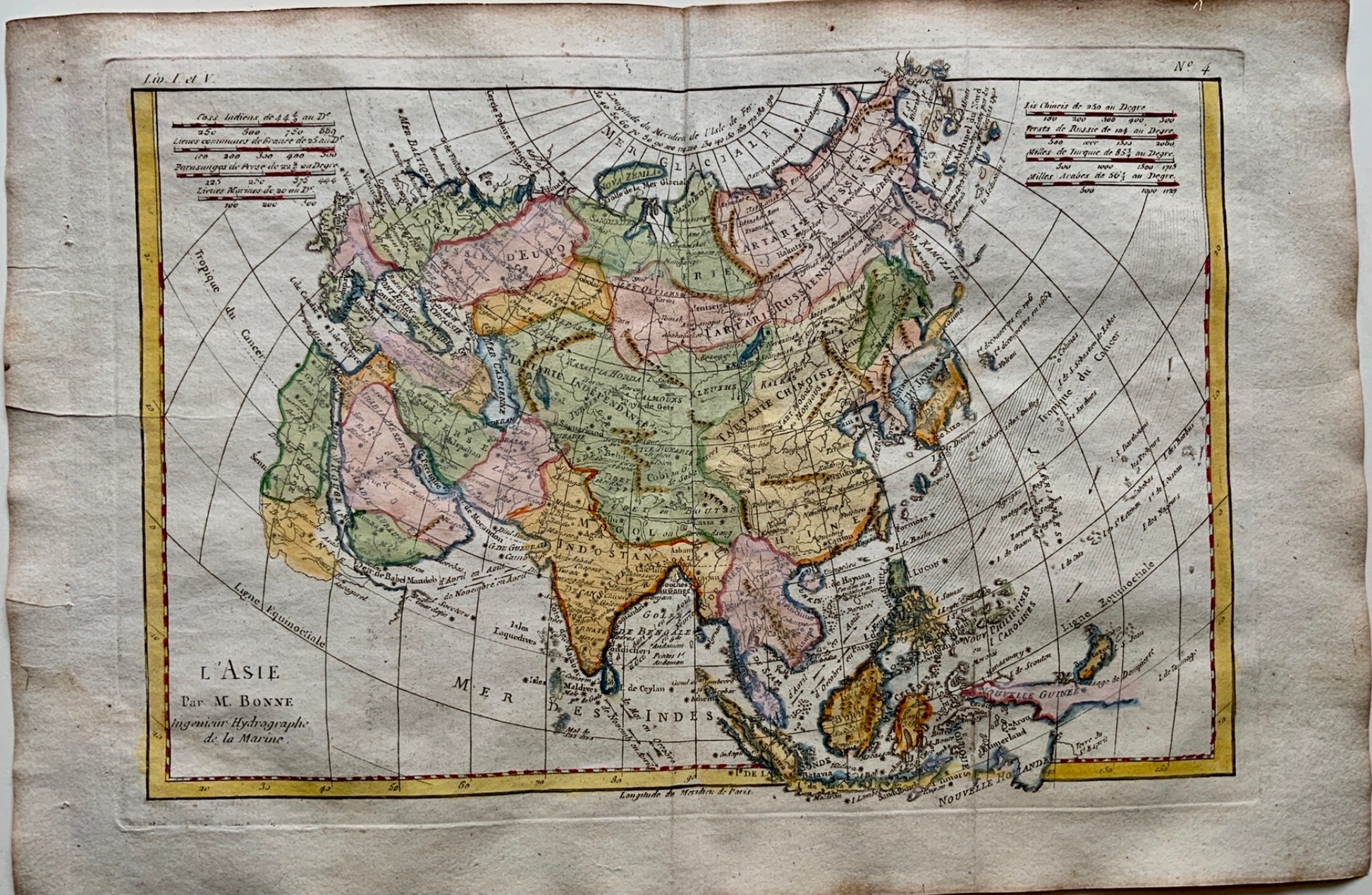 1780 Bonne - ASIA China, Russia, Siberia, India - hand coloured engraved map