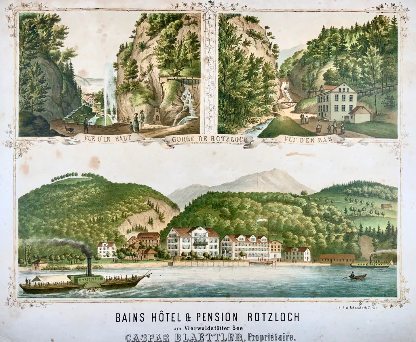1860 vers. SWISS TRAVEL Affiche 55x62 cm Bateau à vapeur Rotzloch Stanstadt