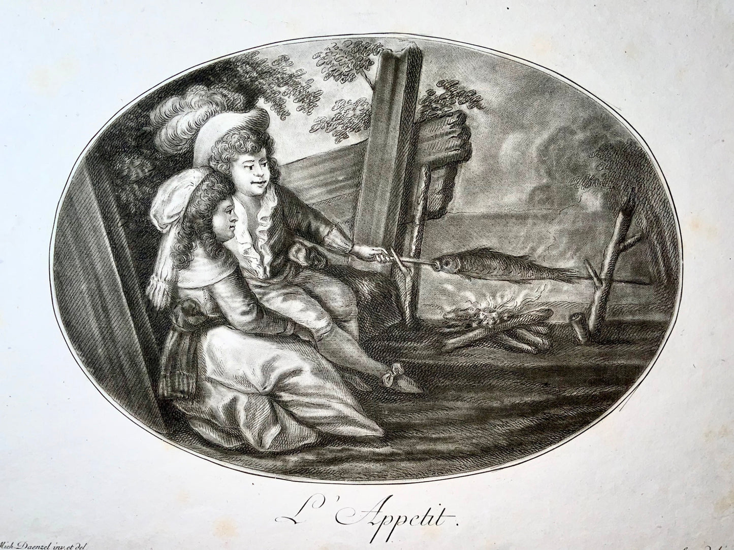 1780c JM Daenzel, Haid, L'Appetit, L'Avidite, poisson, nourriture, 2 gravures au pointillé