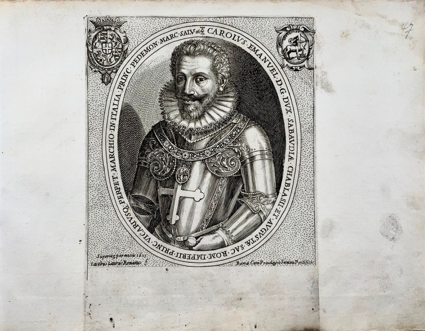 1613 G. Laurus PORTRAIT de Carlo Emanuele Ier, duc de Savoie - gravure sur cuivre