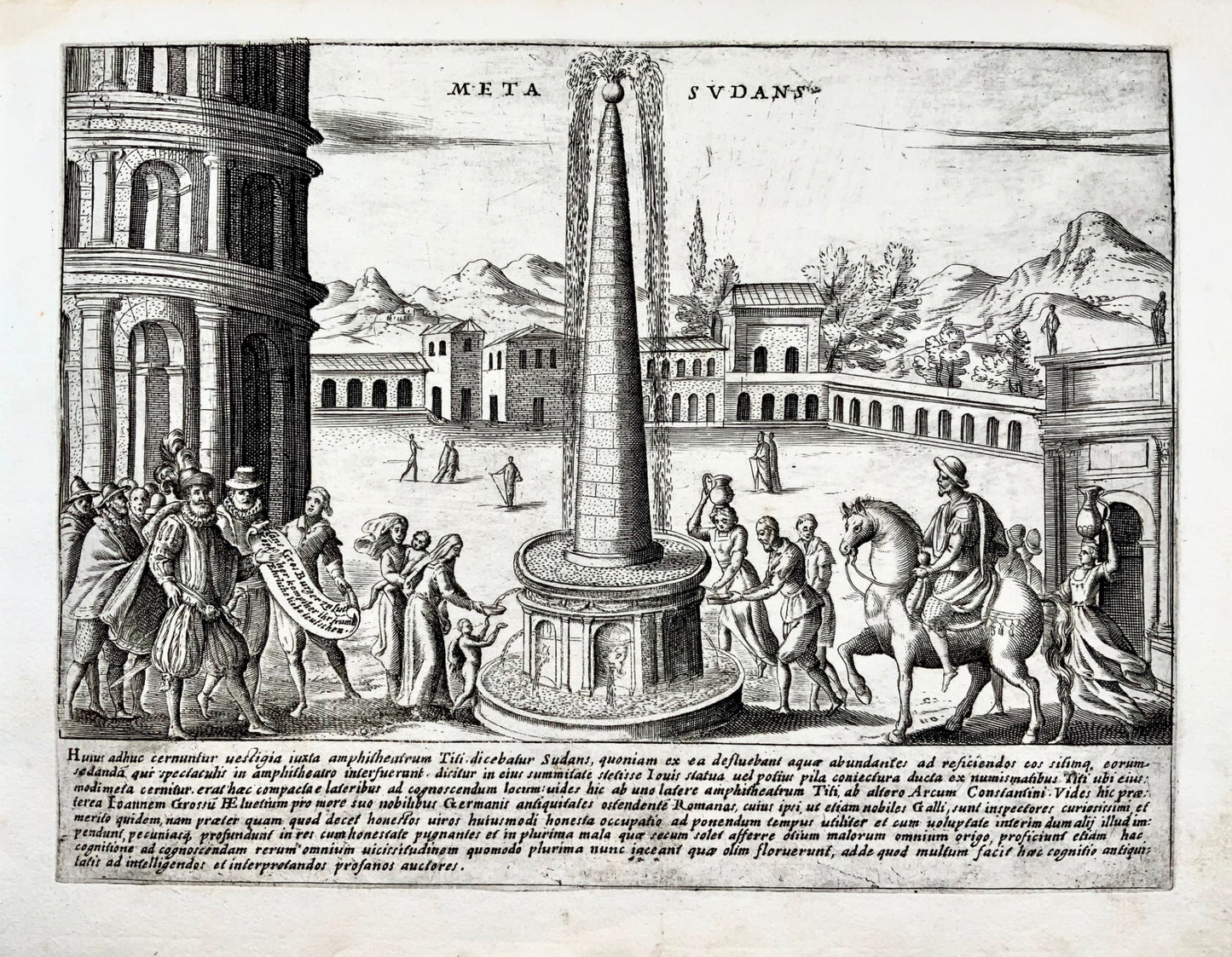 1624 Lauro, Meta Sudans, near Colosseum, Rome Italy, Copper engraving