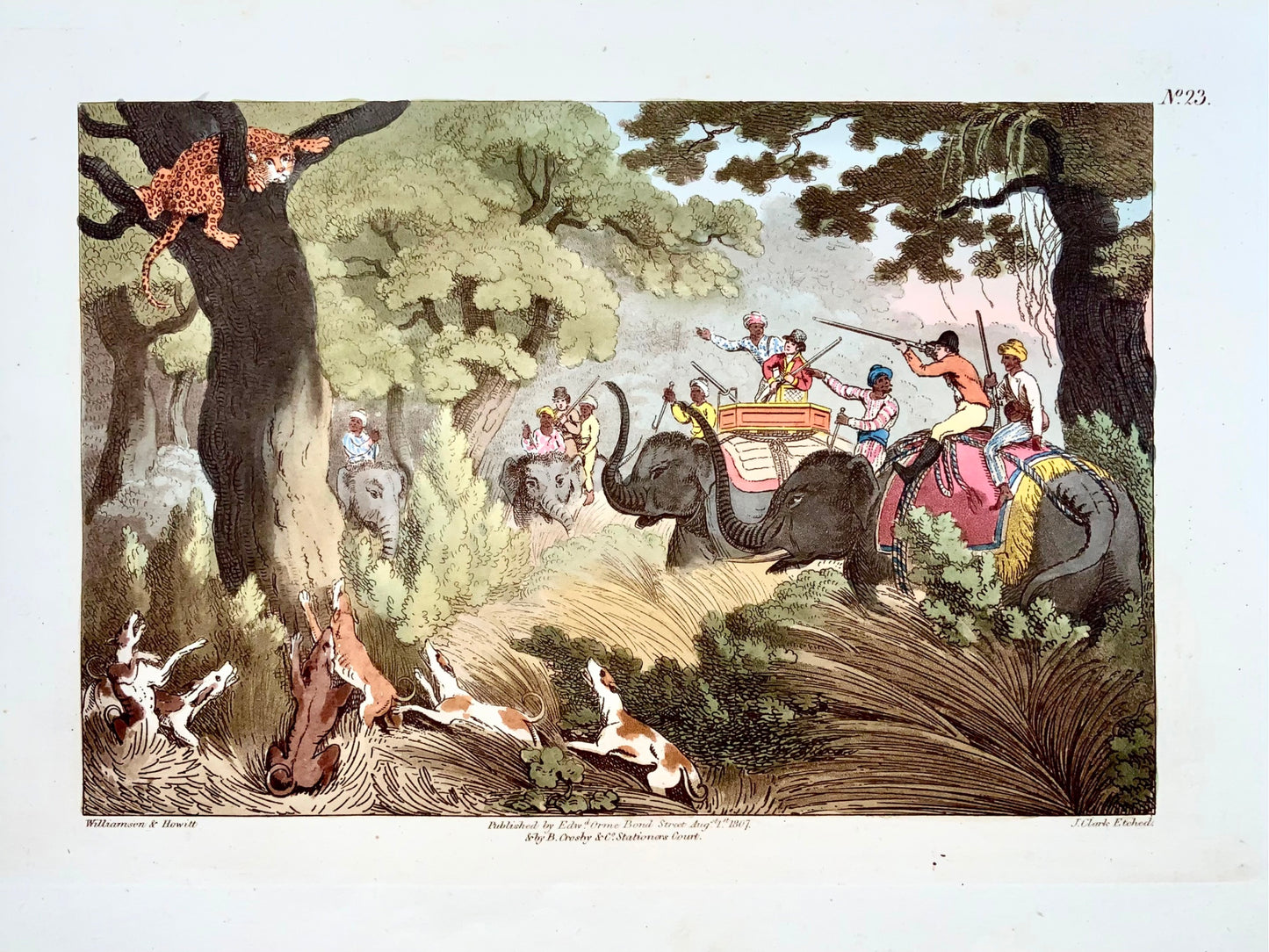 1807 ème. Williamson, The Tiger Hunt, aquatinte colorée à la main, sport, chasse