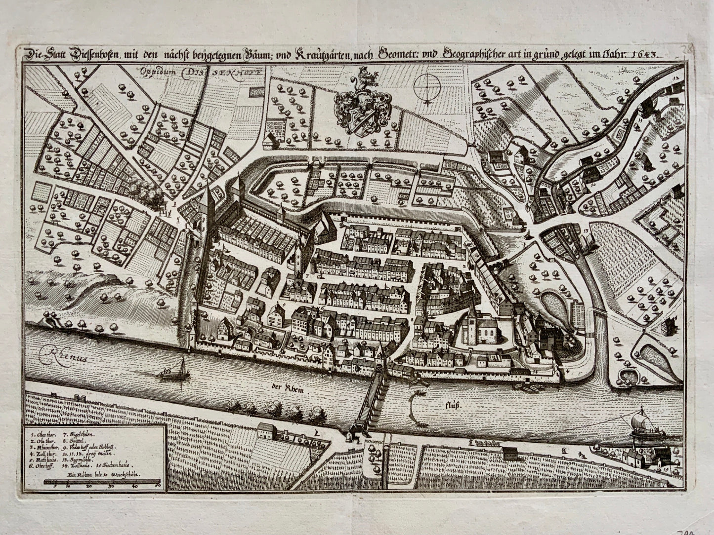 1654 Matthäus Merian - ‘bird’s eye’ view of DIESSENHOFEN in Switzerland