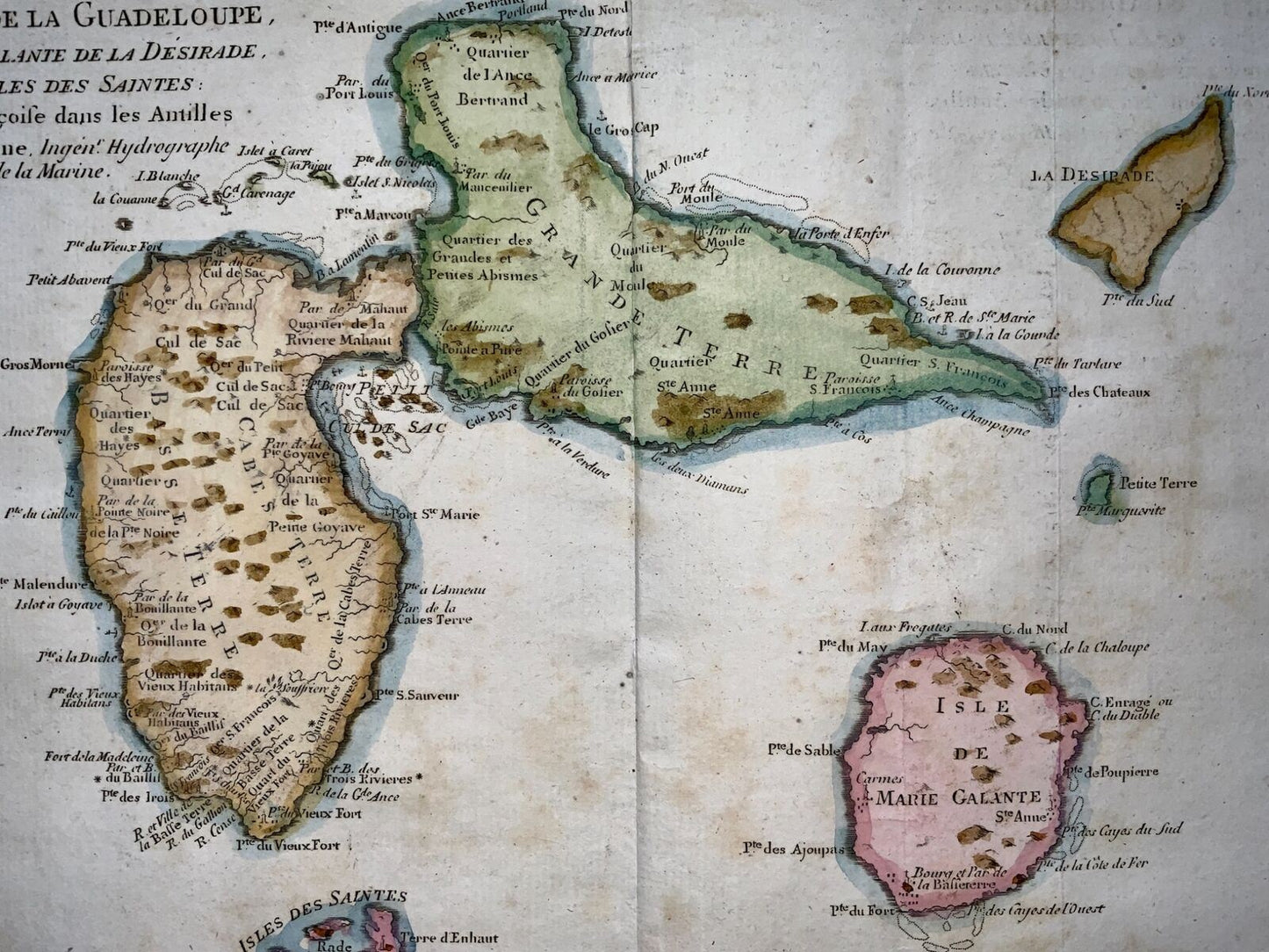 1780 Bonne, Caribbean Islands of Guadeloupe & Martinique hand coloured map