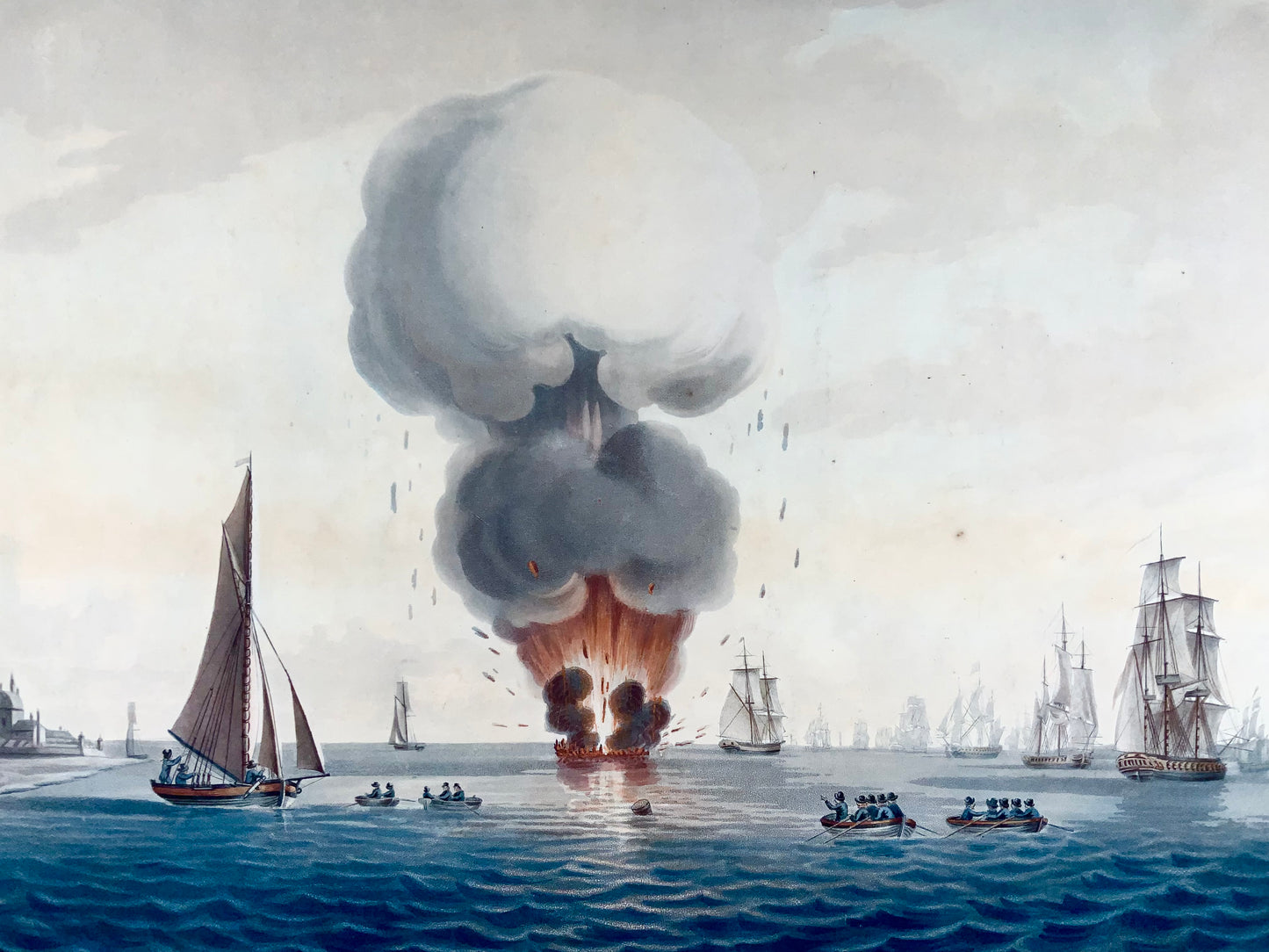 1797 Ensemble de 2 Grandes Aquatintes, Maritime, Explosion du 'HMS' Boyne - Histoire Militaire