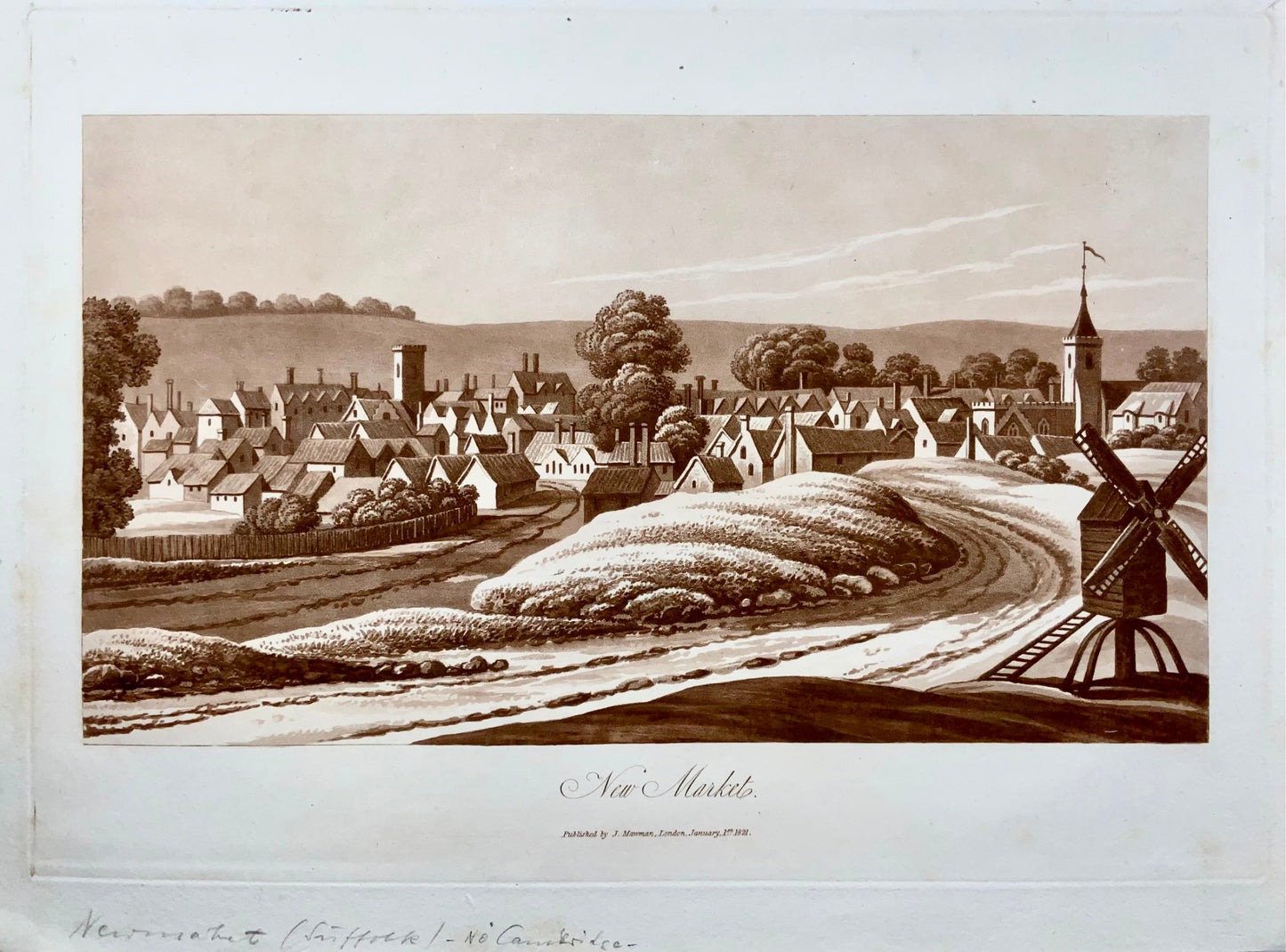 1821 Newmarket, Cambridgeshire, aquatinte sépia par Mawman d'après Shepherd, topographie, voyage