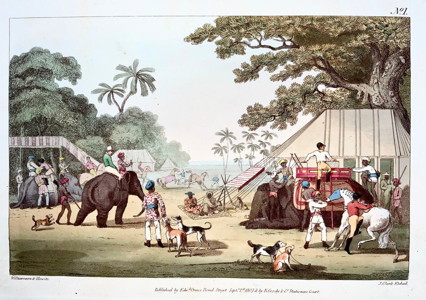 1807 ème. Williamson, Préparations pour une chasse, aquatinte coloriée à la main, sports, Inde, topographie étrangère