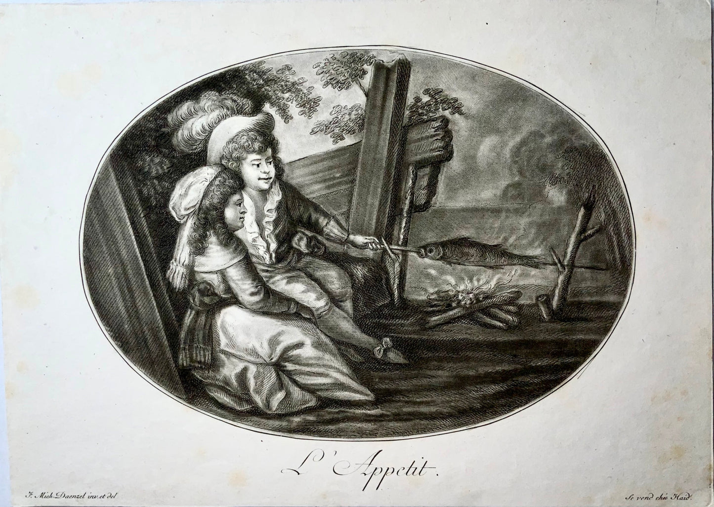 1780c JM Daenzel, Haid, L'Appetit, L'Avidite, poisson, nourriture, 2 gravures au pointillé