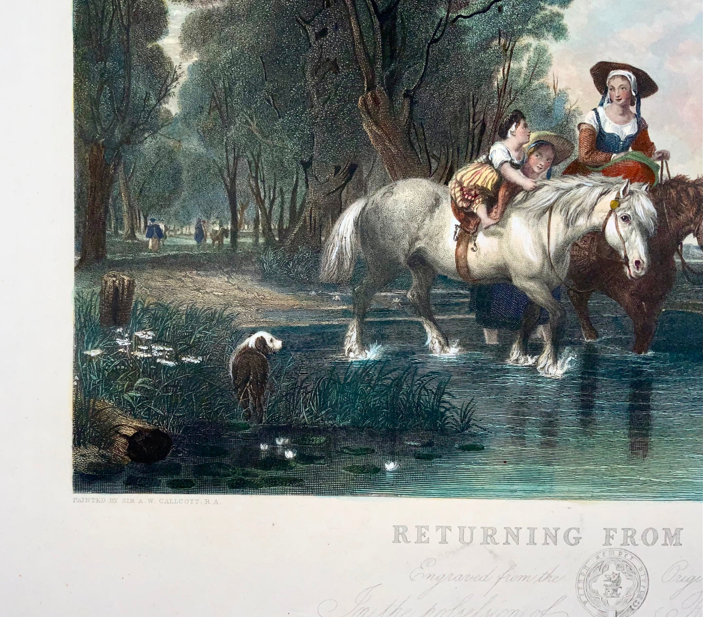 1845 De retour du marché, AW Calcott, très grande gravure colorée de 55 cm, paysage