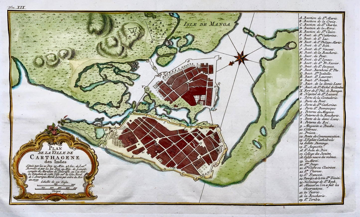 1754 Carthagène en Colombie, Amérique du Sud carte colorée à la main