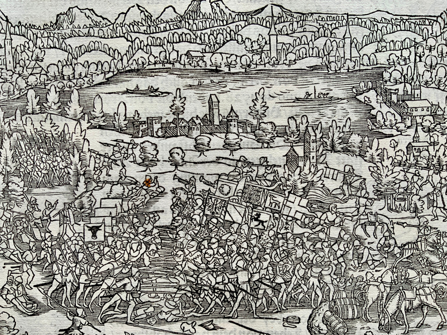 1548 Joh. Stumpf - Battle by Sempach Switzerland - Habsburg Wars - woodcut leaf - Military history