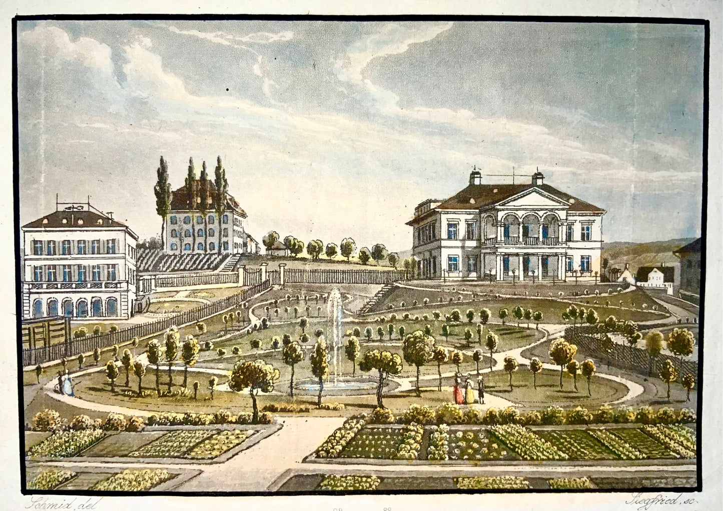 1840c Park Schönbühl, Zurich, Switzerland, Schmidt, aquatint, hand colour