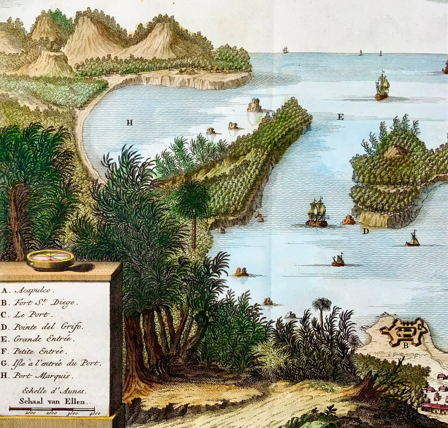 1757 Panoramic map of Acapulco bay, Mexico, hand colour, Schley