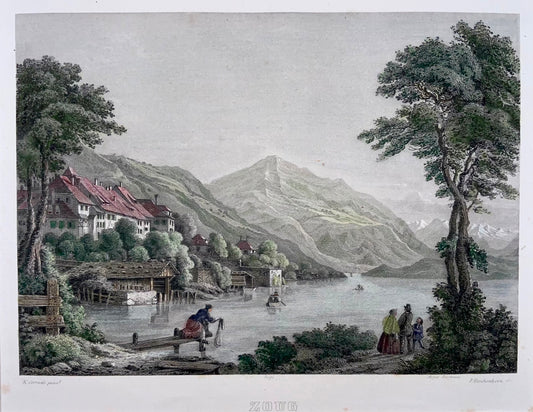 1850 Zoug Zoug, Suisse, grande aquatinte coloriée à la main, Corradi