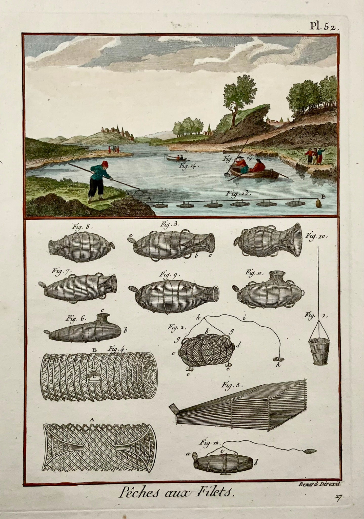 1793 Panckoucke, River Fishing, nets, hand coloured, quarto, copper engraving, agriculture