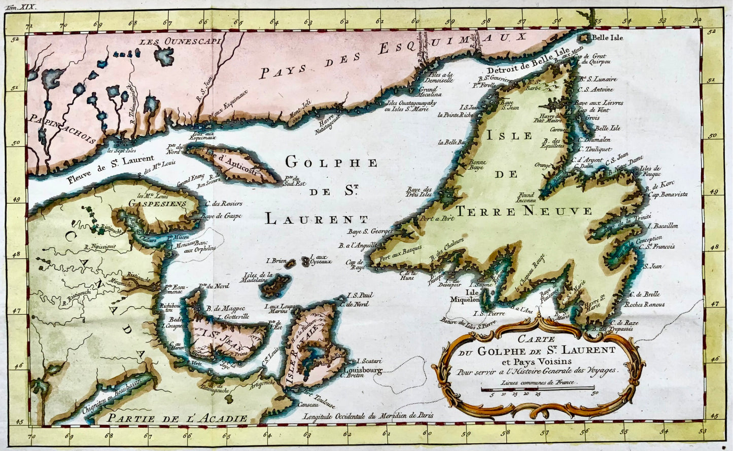 1767 Bellin, Canada, Golfe du Saint-Laurent, gravure coloriée à la main