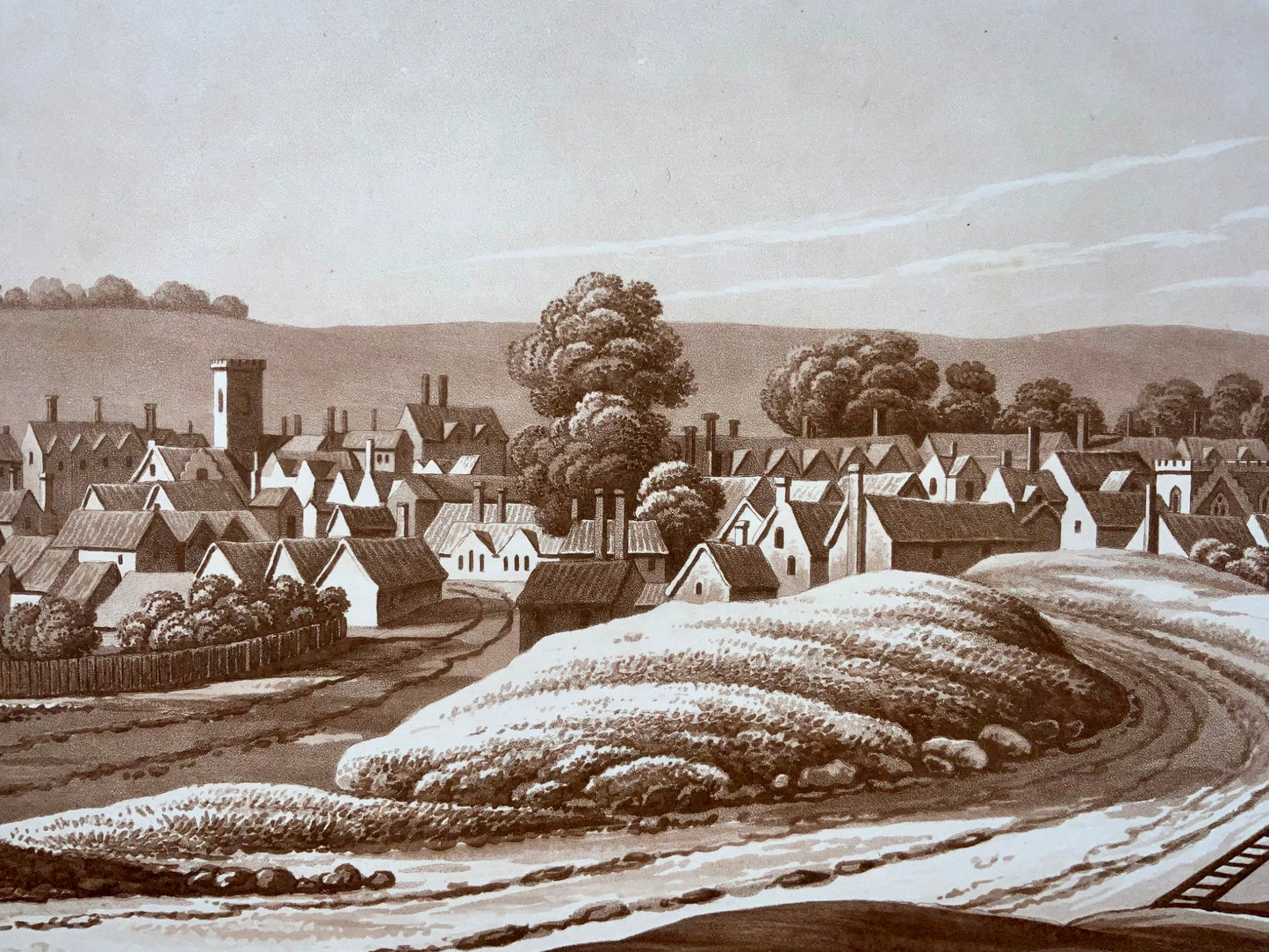 1821 Newmarket, Cambridgeshire, aquatinte sépia par Mawman d'après Shepherd, topographie, voyage