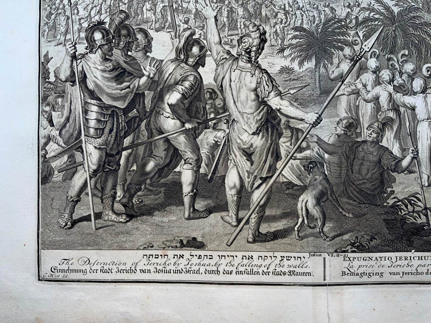 1728 Destruction de Jérico, Gérard Hoet, grande gravure biblique in-folio (53cm) 