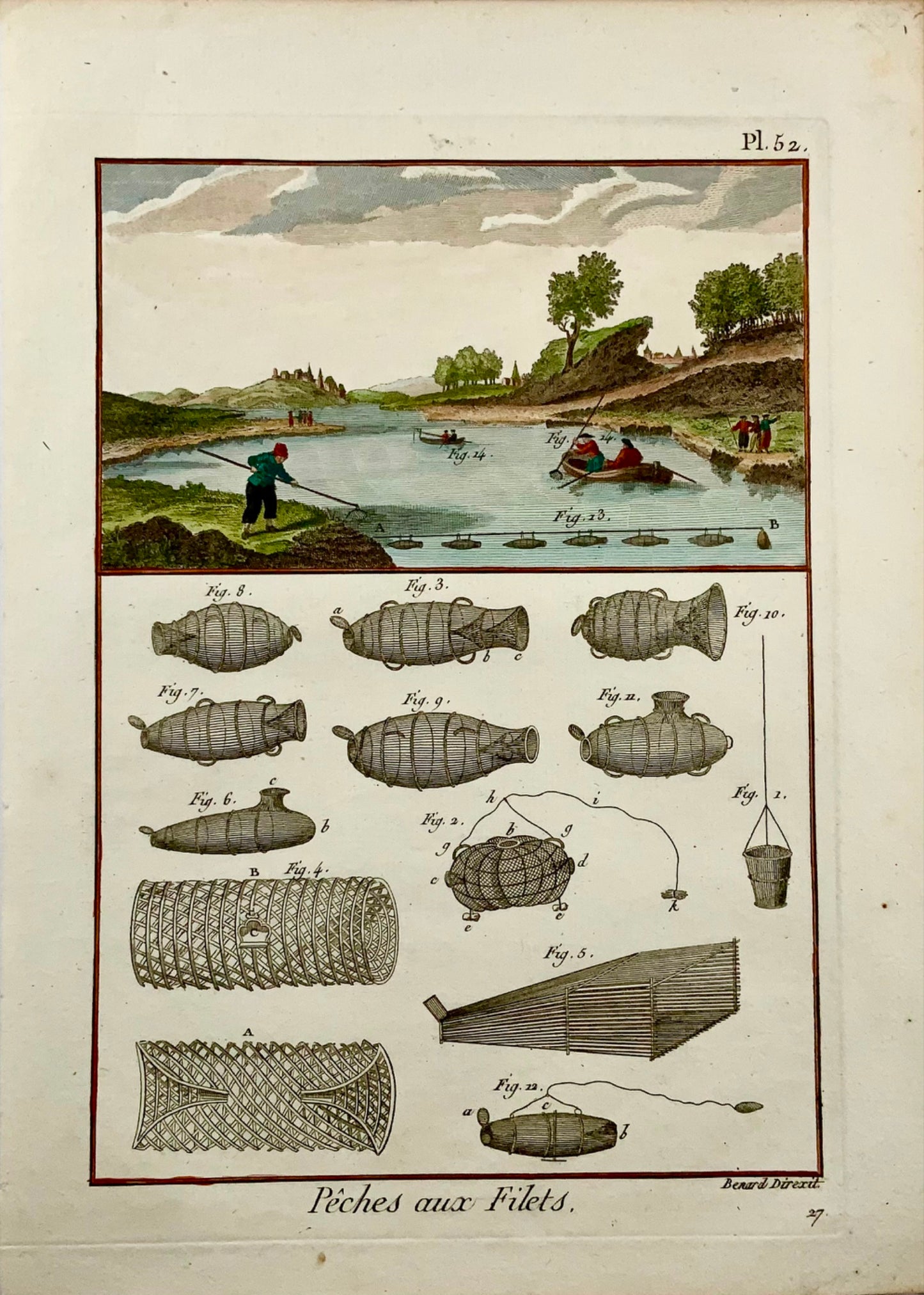 1793 Panckoucke, Pêche en rivière, filets, coloriée à la main, in-quarto, gravure sur cuivre, agriculture