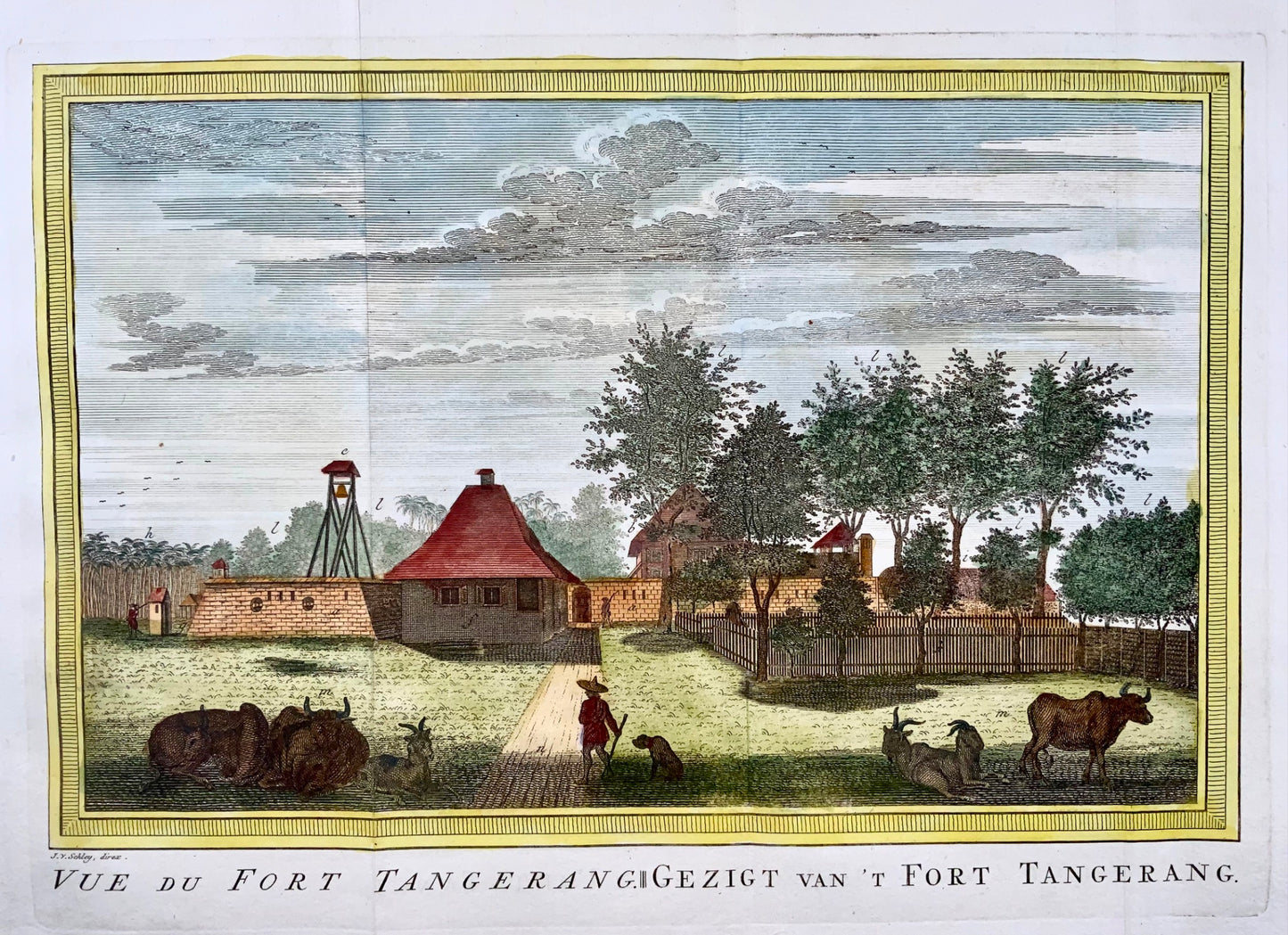 1763 J. Schley, vue du Fort Tangerang, Indonésie, folio colorié à la main, topographie étrangère