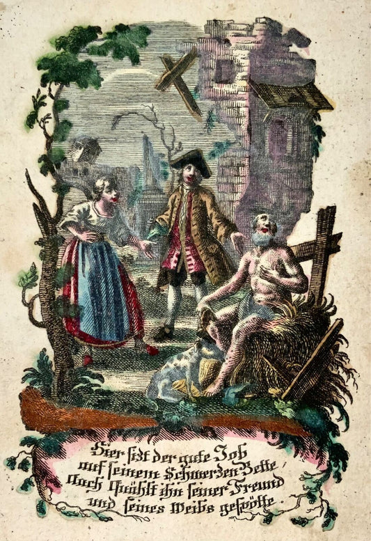 1730 Prophète Job, carte sainte dévotionnelle Johann Michael Motz, originale colorée à la main 